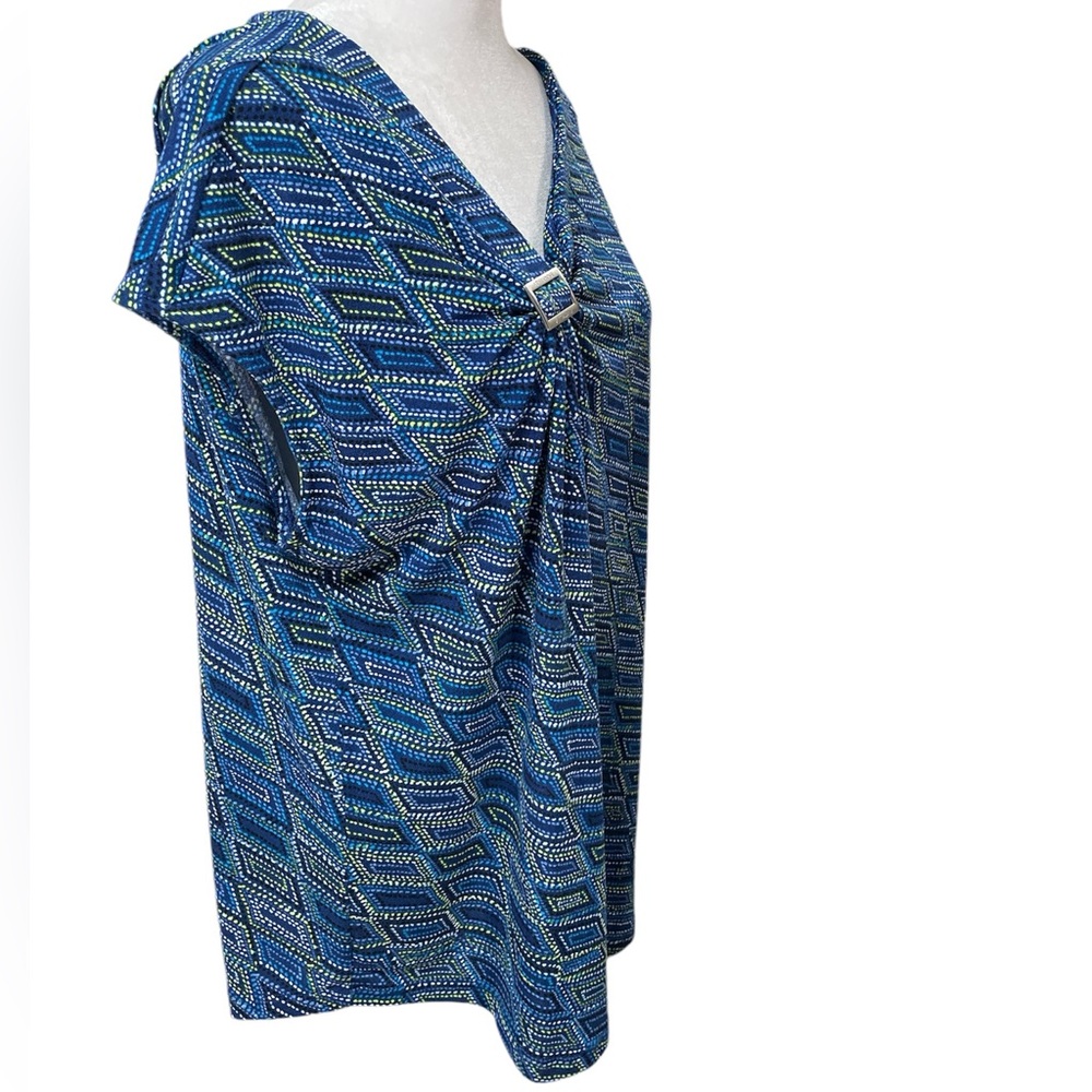 Adrienne Vittadini Blue, Green & White Print Sleeveless Ruched Blouse Size XL - Picture 3 of 12